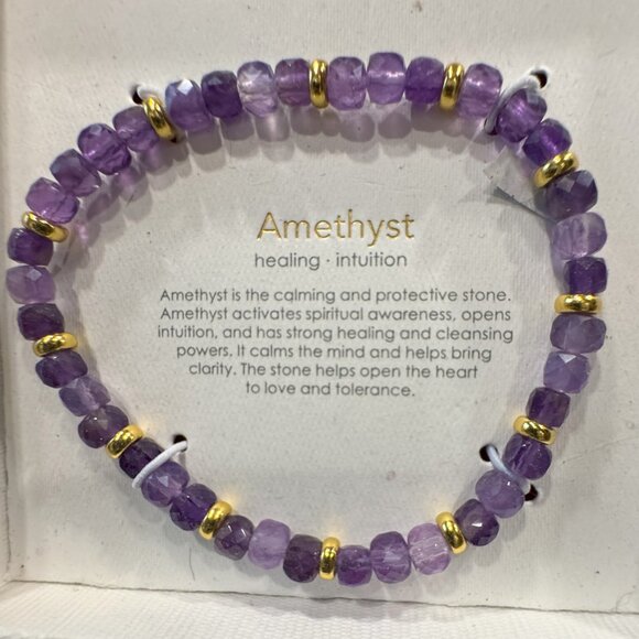 essentialRITUAL Jewelry - Dainty Faceted Amethyst & Gold Stretchy Bracelet - NIB